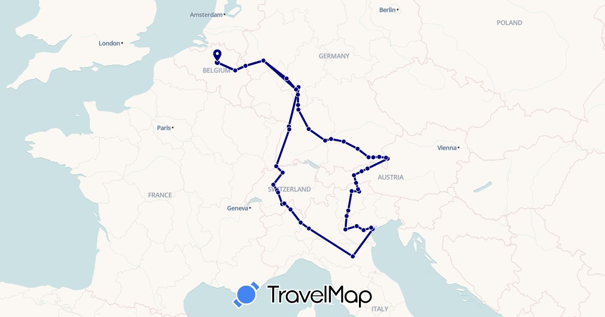 TravelMap itinerary: driving in Austria, Belgium, Switzerland, Germany, Italy (Europe)